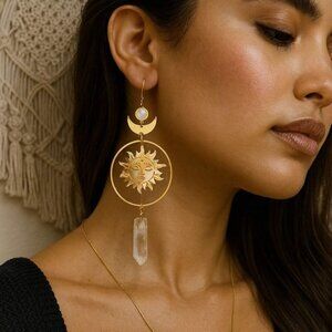 Celestial Sun Moon Quartz Crystal Dangle Earrings Boho Chic Trendy Jewelry